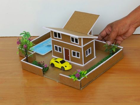 Cardboard Mansion, Cardboard Houses For Kids, Cardboard Box Houses, House With Swimming Pool, Backyard Crafts, Mansion House, Cardboard House, Popsicle Stick Crafts, Box Houses