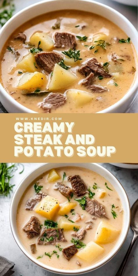 Warm up with a bowl of this Creamy Steak and Potato Soup! 🥩🥔 Packed with tender steak, creamy potatoes, and flavorful broth, it’s the perfect comfort food for chilly days. Easy to make and oh-so-satisfying, this soup will become a family favorite in no time! Perfect for dinner or a cozy lunch. #SteakSoup #PotatoSoup #ComfortFood #CreamySoup #SteakRecipe #SoupLovers #CozyMeals Steak Potato Soup, Classic Potato Soup Recipe, Steak Soup Recipes, Creamy Steak, Steak And Potato Soup, The Best Potato Soup, Cold Weather Soup, Soups Healthy, Potato Soup Recipes