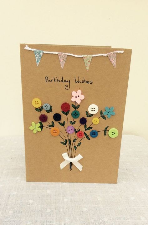 Button Cards Ideas, Cards With Buttons, Card With Buttons, Card Bouquet, Creative Birthday Cards, Art And Craft Ideas, Aesthetic Diy, Birthday Card Craft, Simple Birthday Cards