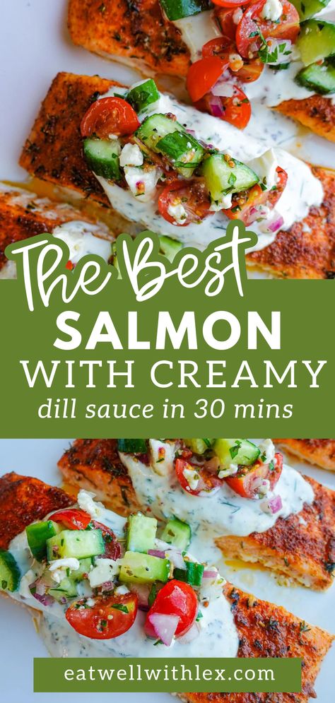 Tired of the same old salmon dinners?  Try our Baked Salmon with Creamy Dill Sauce! The tender salmon fillets, perfectly baked, are accompanied by a creamy, rich dill sauce that's simply irresistible. Healthy, delicious, and incredibly satisfying - this salmon recipe is guaranteed to become a family favorite. Grilled Salmon Skewers With Creamy Dill Yogurt Sauce, Taziki Salmon Recipe, Salmon Dill Recipe, Salmon Recipes Dill, Baked Salmon With Dill, Salmon With Dill Sauce, Baked Salmon Filets, Salmon With Creamy Dill Sauce, Greek Salsa