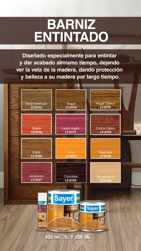 Nuestro Barniz Entintado permite entintar y dar acabado al mismo tiempo, dejando ver las vetas de la madera. ¡Conoce los diferentes colores de línea que tenemos! #Sayer 90s Wallpaper, Color Madera, Home Goods, Bedroom, Quick Saves, Color