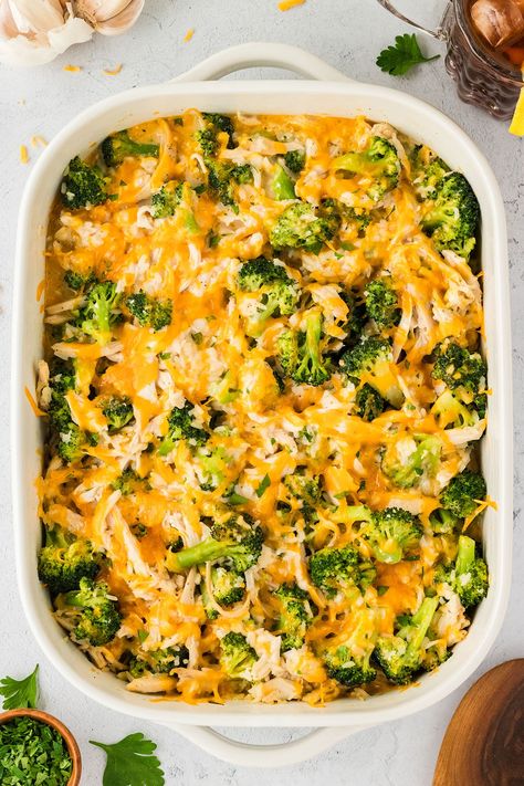 This delicious Easy Chicken Broccoli Rice Casserole is made with hearty chicken, broccoli, rice, and a creamy, cheesy sauce. Try this easy casserole recipe that everyone will love! Chicken Broccoli Over Rice, Crockpot Recipes Chicken Broccoli Rice, Chicken Broccoli Rice Cheese Casserole Crockpot Easy Dinners, Chicken And Broccoli And Rice Recipes, Rotisserie Chicken Broccoli Rice Casserole, Chicken Broccoli Fried Rice, Chicken Broccoli Rice Cheese Casserole Healthy Easy, Cauliflower Rice Chicken Casserole, Easy Chicken And Broccoli Casserole