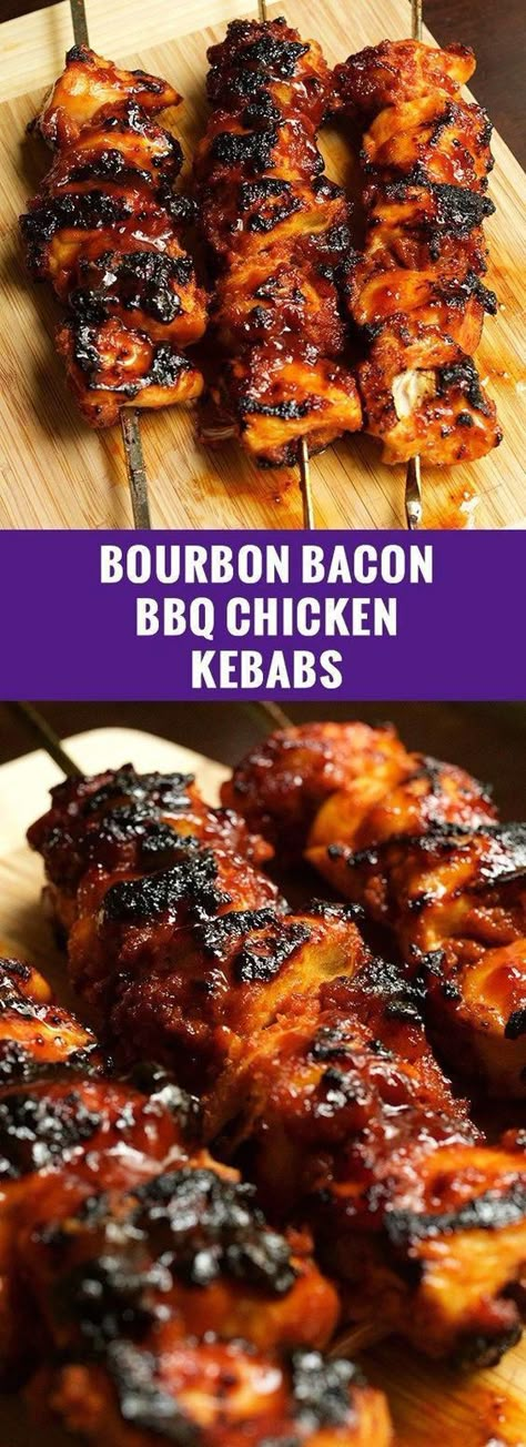 Bourbon Bacon #bbq Chicken Kebabs Bacon Bbq Chicken, Bourbon Bacon, Chicken Kebab Recipe, Bourbon Recipes, Bourbon Chicken, Bbq Bacon, Football Tailgate, Kebab Recipes, Chicken Kebabs