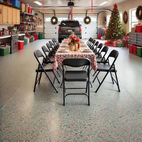 🎄 Hosting for the holidays? 🎁 Make your garage the perfect gathering space with a stunning floor that's durable, stylish, and ready for Christmas celebrations. ✨ Create extra room for your guests this season with a garage floor that’s as festive as your holiday decor!  #HolidayReady #GarageTransformation #PolyureaCoating #ChristmasGathering #GarageMakeover Decorating Garage For Christmas, Decorate Garage For Christmas Party, Garage Christmas Party, Garage Christmas Decor, Garage Party Room, Garage Transformation, Garage Party, Bunco Party, Concrete Coatings