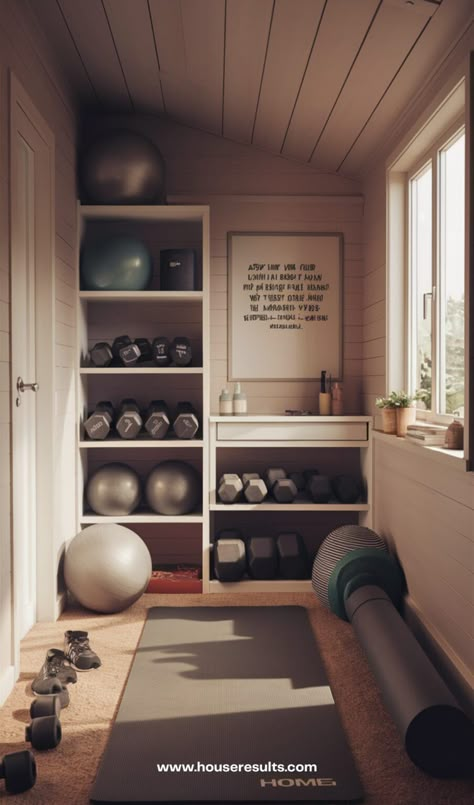 31 Mini Gym At-Home Ideas - HouseResults #Home #for #Mini #HomeIdeas #HomeInspiration #Own #Garden #Spaces #Compact #Your #HomeDecorating #Gym #Ideas #InteriorInspo #Workout #Creating At Home Small Gym, Simple At Home Gym, Gym In Bedroom, Small At Home Gym, Workout Nook, Mini Gym At Home, Mini Gym At Home Ideas, Home Gym Ideas Small, Apartment Gym