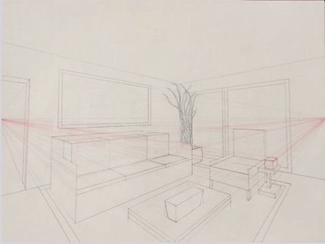 Week 5 - Two-Point Perspective Challenge. A small corner of my living room.  HB graphite and red color erase pencil on 18" x 24" Strathmore drawing paper. Corner Perspective Drawing, Two Point Perspective, Interior Design Sketchbook, Design Fundamentals, Perspective Drawing Lessons, Design Sketchbook, Point Perspective, Drawing Paper, Small Corner