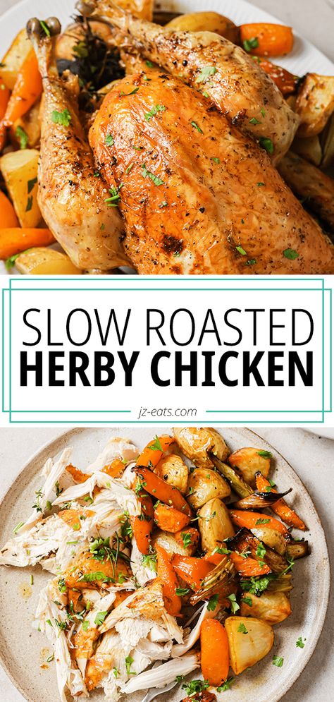 slow roasted chicken on a plate with veggies