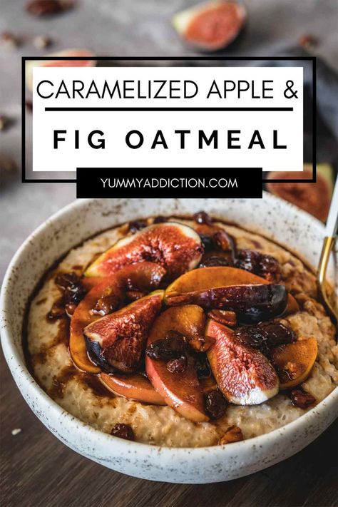 Caramelized apple oatmeal with figs is a hearty, healthy breakfast perfect for warming up a chilly fall morning. Syrupy stovetop caramelized apples, fresh figs, and a bowl of tender oats is the perfect way to get your day started. #apple #fig #breakfast #oatmeal #cinnamon Fig Breakfast, Fig Oatmeal, Figs Breakfast, Oatmeal Cinnamon, Caramelized Fruit, Chilly Fall Morning, Crockpot Oatmeal, High Fiber Breakfast, Caramelized Apples