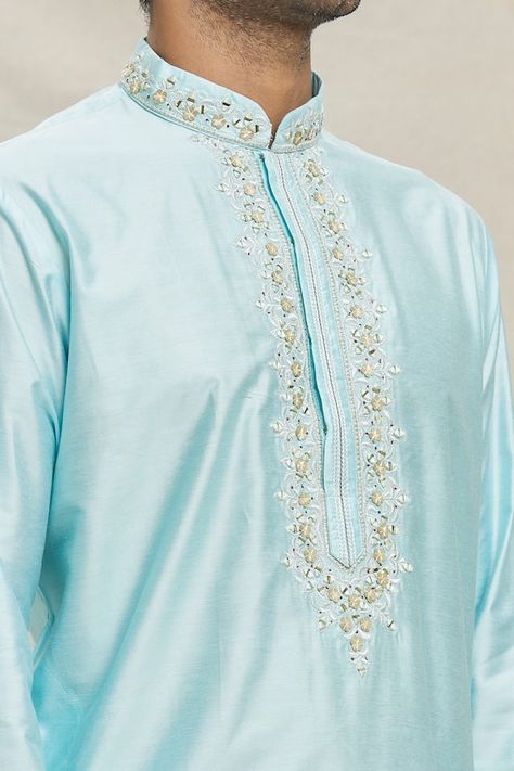 Sky blue full sleeves silk blend kurta with bloom mirror embroidery on the placket and neckline. Paired with a churidar. - Aza Fashions Kurta Set Men, Embroidery Mirror, Kurta Patterns, Mirror Embroidery, Kurta Set For Men, Plain Blue, Types Of Work, Self Design, Churidar