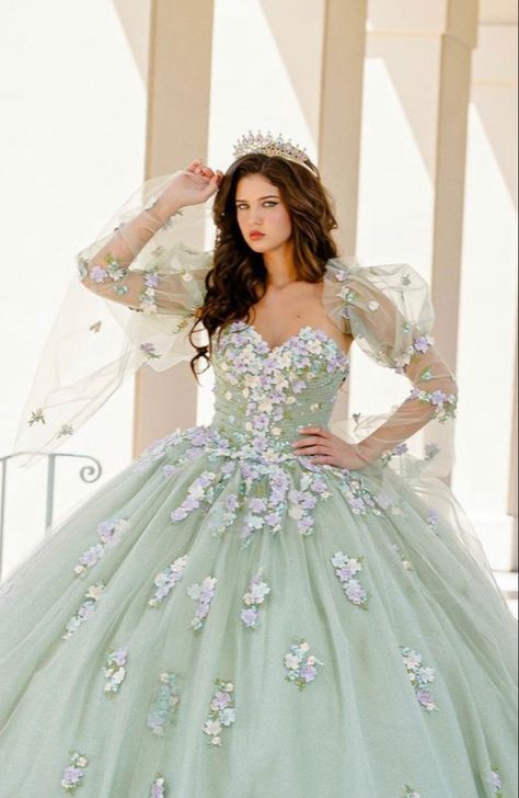 Sage Green Quince Dress Sweet 16 #sweet16 #quince #quincedress #quince #sagequince #quincetheme Sage Green Quince Dress, Sage Quince, Sage Green Quince, Green Quince Dress, Green Quince, Strapless Ball Gown, Quinceañera Ideas, Quince Dress, Multi Colored Flowers