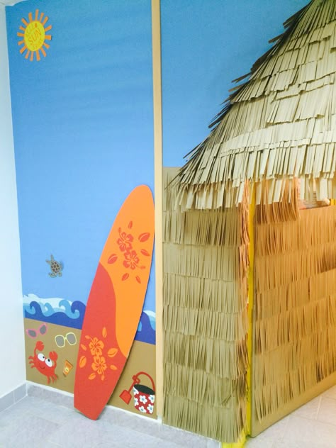 Tiki hut  classroom door and wall decor. Hawaii Theme Room Ideas, Hawaiian Classroom Door, Beach Classroom Decorations, Beach Door Decorations Classroom, Flamingo Classroom, Beach Classroom, Beach Theme Classroom, Teacher Appreciation Doors, Ocean Classroom