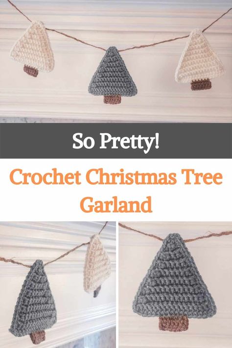 This Christmas project is great for beginners and also makes an easy gift tag or applique! Garlands are one of the most popular crochet projects to create. They are a quick and easy way to add a touch of handmade, affordable, and festive holiday decoration to any space. Each crocheted Christmas tree is made in single crochet with an extra trim around the edges. Using the back lace just one crochet stitch creates a nice cozy texture. The trunk is crocheted at the base of the finished tree. ... Crochet Christmas Tree Garland, Crocheted Christmas Tree, Crochet Christmas Garland, Knitted Christmas Decorations, Quick Crochet Gifts, Crochet Queen, Crochet Christmas Trees Pattern, Crochet Costumes, Crochet Christmas Tree