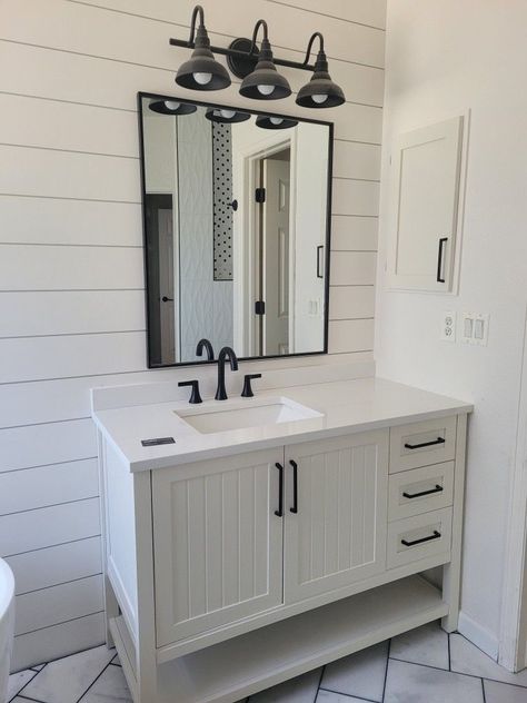 Off Centered Bathroom Sink, Black Hardware Bathroom, Black Bathroom Fixtures, Most Pinned, Black Bathroom Sink, Small Bathroom Vanities, Bathroom Redesign, Summer Sunshine, White Vanity Bathroom