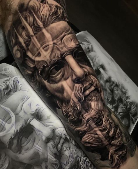 The Best Big Tattoos Of All Time - TheTatt Poseidon Statue Tattoo, Poseidon Tattoo Leg, Neptune Tattoo Poseidon, Poseidon Trident Tattoo, Trident Tattoos, Neptune Tattoo, Hercules Tattoo, Big Tattoos, Trident Tattoo