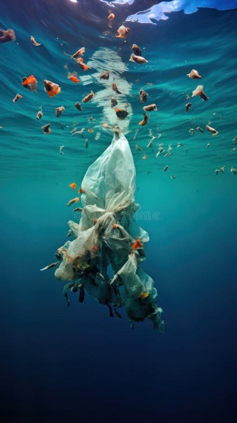 Plastic bags polluting the oceans and endangering marine life.  royalty free stock photos Water Pollution Images, Pollution Aesthetic, Marine Life Illustration, Save Ocean, Ocean Trash, Life Illustration, Marine Pollution, Painting References, Ocean Pollution