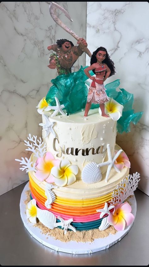 Moana inspired birthday cake (_cakesbykaren-Instagram) Moana Birthday Cake Simple, Moana First Birthday Cake Smash, Small Moana Cake, Moana Cake Design, Moana Doll Birthday Cake, 2 Tier Moana Birthday Cake, Moana Birthday Cake, Moana Cake, Moana Theme