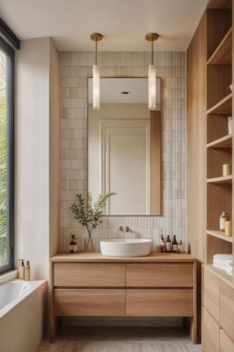 Resort Style Bathroom Ideas, Tile Behind Bathroom Vanity, Bathroom With Wood Ceiling, Warm Modern Bathroom, Tile Bathroom Vanity, Tile Behind Vanity, Modern Half Bathroom, Organic Modern Bathroom, Fixer Upper Bathroom