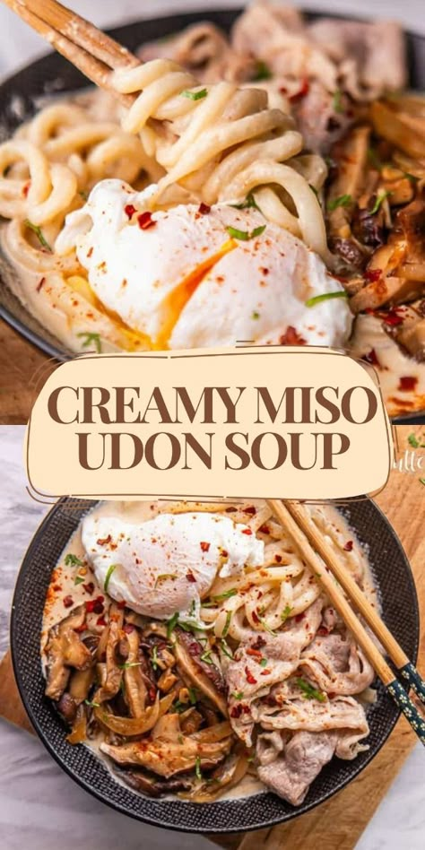 This Creamy Miso Udon Soup has it all—a mouthwatering umami broth, hearty mushrooms, and chewy noodles. Add some tender beef brisket and poached egg for of creamy flavor and melt-in-your-mouth sensation. comes together in about 20 minutes, and you’ll be making it again and again!  This recipe is a fusion of my love for creamy pasta dishes and umami-packed Japanese chewy udon noodles. Poached Egg Soup, Udon Noodle Ramen, Dishes With Miso Paste, Japanese Noodle Recipes Soups, Beef Miso Soup, Korean Udon Noodles, Creamy Udon Noodle Recipe, Creamy Miso Soup, Best Japanese Recipes