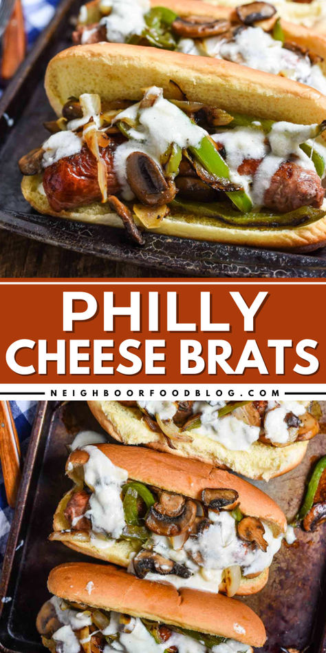 Out of summer grilling ideas? Try these Philly Cheese Brats! Grilled brats are loaded with your favorite Philly cheesesteak toppings and a homemade cheese sauce. This makes an easy Spring recipe or Memorial Day dinner menu! Brats Meal Ideas, Brat Topping Ideas, Brats Recipes Easy Meals, Easy Summer Dinner Ideas Grill, Blackstone Brats, Brat Dinner Ideas, Memorial Day Dinner Ideas, Sides For Brats Dinners, Brats Grilled