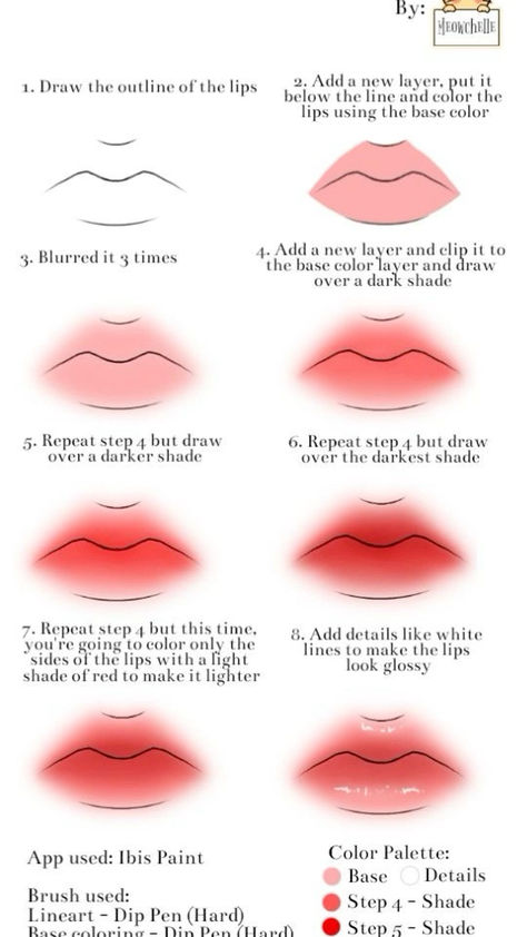 [ save & follow ] - (◍•ᴗ•◍) Draw Anime Lips, Draw Lips Step By Step, Lips Step By Step, Lip Tutorial Drawing, Lips Cartoon, How To Draw Lips, Lip Color Palette, Lips Sketch, Draw Lips