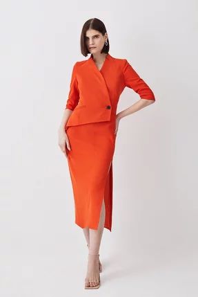 Women's Business Casual | Karen Millen US Midi Dress Orange, Work Outfits Business Casual, Business Casual For Women, Side Split Maxi Dress, Karen Millen Dress, High Neck Maxi Dress, Boardroom Table, Midi Pencil Dress, Rib Knit Top