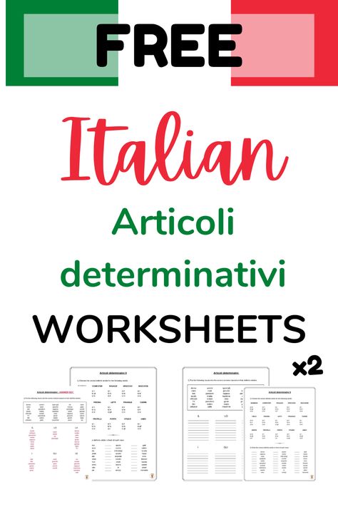 Practice Italian definite articles (articoli determinativi) free with these printable grammar worksheets! -- 3 grammar exercises in Italian -- Full answer key included -- Great for the Italian classroom or for independent learning at home! -- #happymaplelanguageco #learnitalian #italianteacher #itailan #italianlanguage #italiangrammar #freebies #teacher #education #languageteacher Italian Articles Grammar, Italian Worksheets For Beginners, Beginner Italian Worksheets, Italian Grammar Worksheets, Italian Language Learning Worksheets, Italian Worksheets Printables, Italian Lessons For Beginners, Italian Language Learning Basic, Italian Exercises