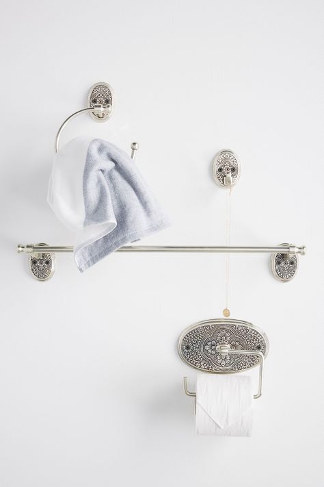 Madras Towel Bar | Anthropologie Bath Hooks, Silver Bathroom, Unique Cabinets, Hanging Frames, Bathroom Collections, Towel Rings, Bath Hardware, Towel Hooks, Bathroom Hardware