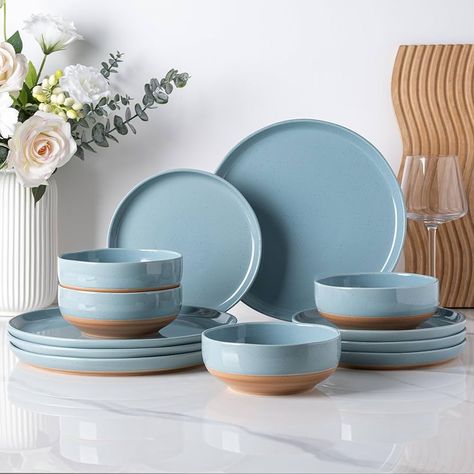 Amazon.com | AmorArc Ceramic Dinnerware Sets for 4, 12 Pieces Handpainted Plates and Bowls Set with Rustic Terracotta Underside, Scratch Resistant Stoneware Dishes Set, Dishwasher & Microwave Safe, Gray: Dinnerware Sets Blue Ceramic Plates, Clay Making, Speckle Glaze, Plates And Bowls Set, Modern Dinnerware, Ceramic Dinnerware Set, Beige Stone, Stoneware Dishes, Pottery Dishes