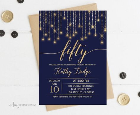 Blue And Gold Birthday Invitations, Blue And Gold Birthday, Rose Gold Invitation, Princess Baby Shower Invitation, 90th Birthday Invitations, Navy Invitation, 70th Birthday Invitations, 80th Birthday Invitations, 60th Birthday Invitations