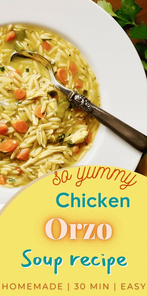 bowl of orzo soup with spoon Chicken Soup With Orzo Recipes, Easy Chicken Orzo Soup, Easy Lemon Chicken Orzo Soup, Chicken Orzo Soup Crockpot, Chicken Orzo Soup Recipes, Creamy Chicken Orzo Soup, Chicken And Orzo Soup, Lemon Orzo Soup, Easy Crockpot Soup