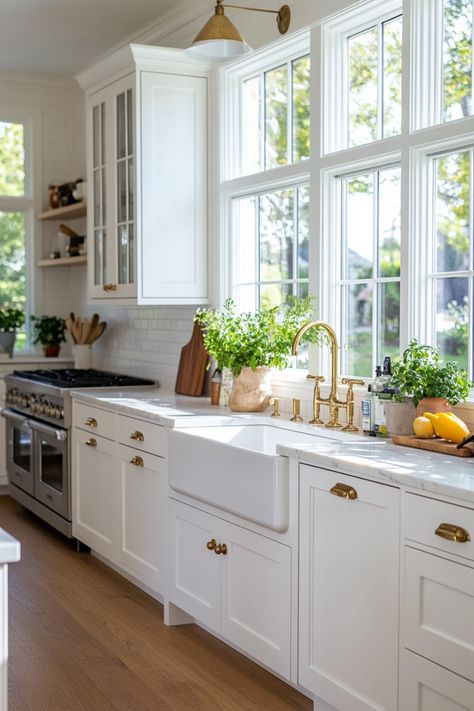 Remodel your kitchen with these ideas for new kitchen cabinets. Basket Above Kitchen Cabinets, Cabinets Between Windows, White Cabinet Kitchen Decor, Baskets Above Kitchen Cabinets, Kitchen Sink With Window, Kitchen No Uppers, Kitchen No Upper Cabinets, French Cottage Home, Kitchen Flat