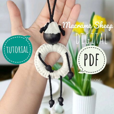 21 Super Cute Beginner-Friendly Macrame PDF Tutorials by Plecione | Macrame for Beginners Sheep Crafts For Adults, Macrame Sheep, Sheep Diy, Macrame Easter, Beginners Macrame, Macrame Animals, Macrame Car Charm, Artisan Shop, Macrame Owl