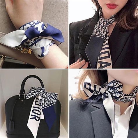 Hijab Style Outfits, Dior Scarf, Scarf Styling, Small Silk Scarf, Diy Denim Jacket, Dior Aesthetic, Ribbon Ideas, Diy Denim, Scarf Outfit