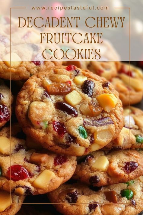 These Decadent Chewy Fruitcake Cookies are a delightful twist on the traditional fruitcake, blending the rich flavors of butter, sugars, and spices with chewy candied fruit, nuts, and raisins. Perfect for holiday gatherings, these cookies are sure to become a new favorite! Christmas Cookies With Dried Fruit, Candied Fruit Cookies Holidays, Candied Cherries Cookies, Oatmeal Cookies With Dried Fruit, Decadent Chewy Fruitcake Cookies, Old Fashion Fruit Cake Cookies, Dried Fruit And Nut Cookies, Fruit Drop Cookies, Ina Garden Fruit Cake Cookies