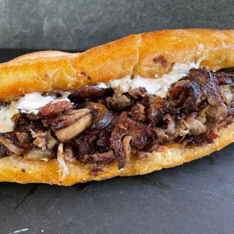 Smoked Prime Rib Cheesesteak Sandwich (that made me cry!) Brisket Cheesesteak, Horseradish Mayo, Prime Rib Sandwich, Cheesesteak Sandwiches, Homemade Horseradish, Leftover Prime Rib, Cheesesteak Sandwich, Rib Sandwich, Smoked Prime Rib