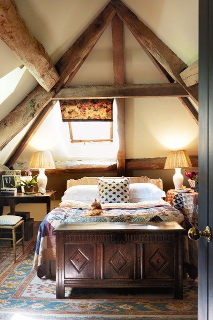 Cosy Attic Bedroom - Emma Burns has created a comfortable, charming retreat in her parents' converted stable block - bedroom design on HOUSE by House & Garden Farmhouse Bedroom Furniture, Farmhouse Bed, Block House, Farmhouse Style Bedrooms, Attic Renovation, Attic Remodel, Farmhouse Bedding, Cottage Bedroom, Attic Bedroom