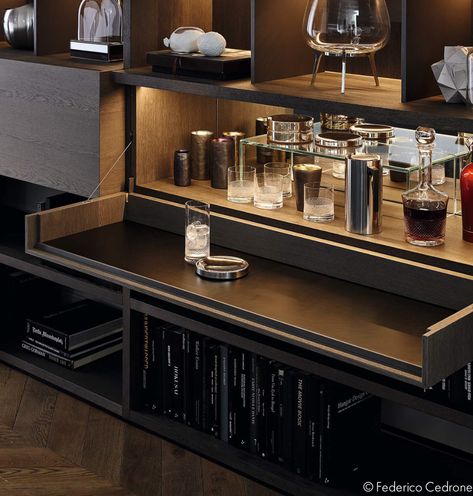 Bar In Casa, Bar Sala, Credenza Design, Regal Design, Home Bar Designs, Mini Bars, Wall Systems, Furniture Details, Wine Cabinets