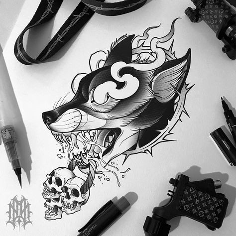 MICHAEL SENNA on Instagram: ““Estou cego, mas uma coisa é clara...” #michaelsenna #tattoo #cafepretotattoo #cafepretoteam #wolf #wolftattoo #skull #skulltattoo…” Wolf Tattoo Traditional, Tatoo Dog, Tatuagem Masculina Pequena, Petit Tattoo, Skulls Drawing, Fox Tattoo, Tattoo Desings, Wolf Tattoos, Wolf Tattoo