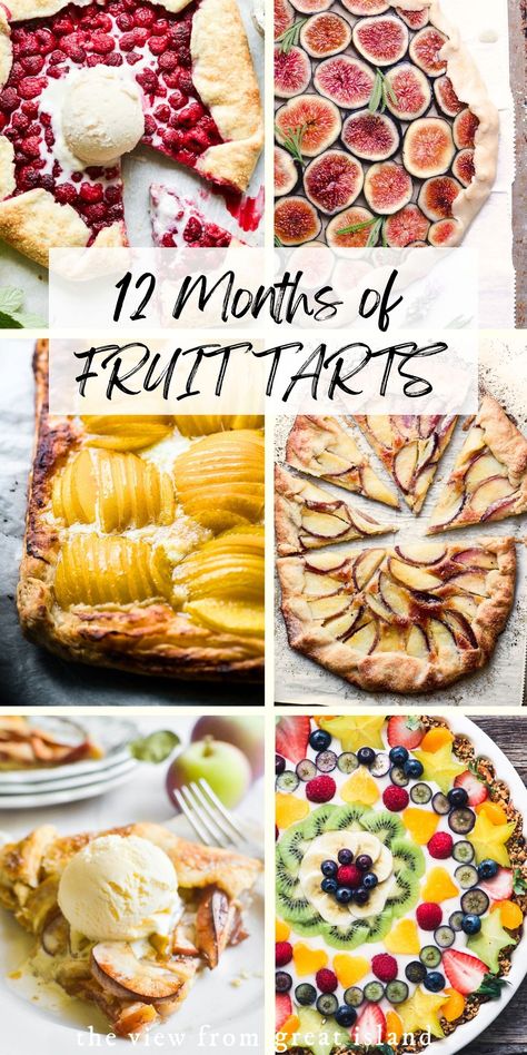 A Year of Fruit Tarts ~ 12 gorgeous recipes ~ there's a fresh fruit dessert for every month of the year. #tart #fruittart #nobake #glutenfree #dessert #apple #rhubarb #kiwi #fruit #vegan #healthy #nobake #plum #applerose #fig #pear #citrus #recipe #easy #winter #crust #rustic #custard #filling #fresh German Fruit Tart, Fruit Tart Glaze Recipe, Thanksgiving Fruit Tart, Italian Fruit Tart, Fall Tarts Desserts, Fruit Tarts Recipe Dessert, Brunch Tart, Desserts With Fruits, Fruit Tart Recipes