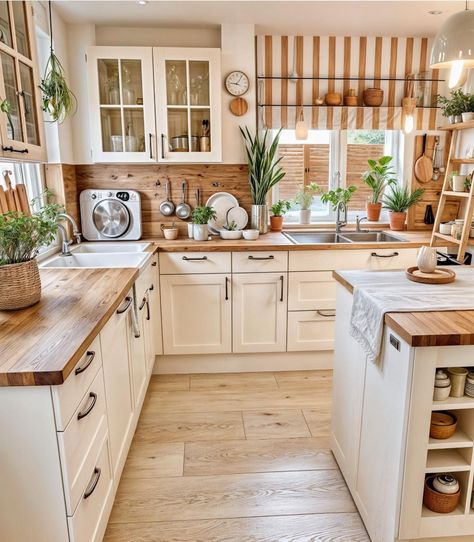 Wooden Counter, Cozy Kitchen, Kitchen Inspiration Design, White Cabinets, Counter Top, Kitchen Style, Country Kitchen, Home Decor Kitchen, 인테리어 디자인