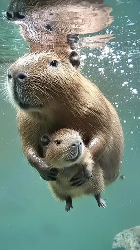 ↑↑↑ Larger size on website 🔸 A large capybara swims underwater, holding a small capybara in its paws. Both capybaras are facing t Mother And Baby, Cute Pictures, Hold On, Art Images, Swimming, In This Moment, Animals