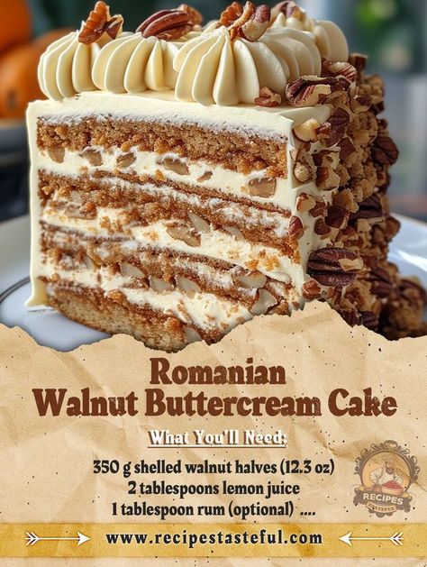 Tasteful Recipes, Romanian Desserts, Walnut Butter, Romanian Food, Guy Fieri, Sugar Cake, Cake Icing, Cake Slice, Stuffed Shells