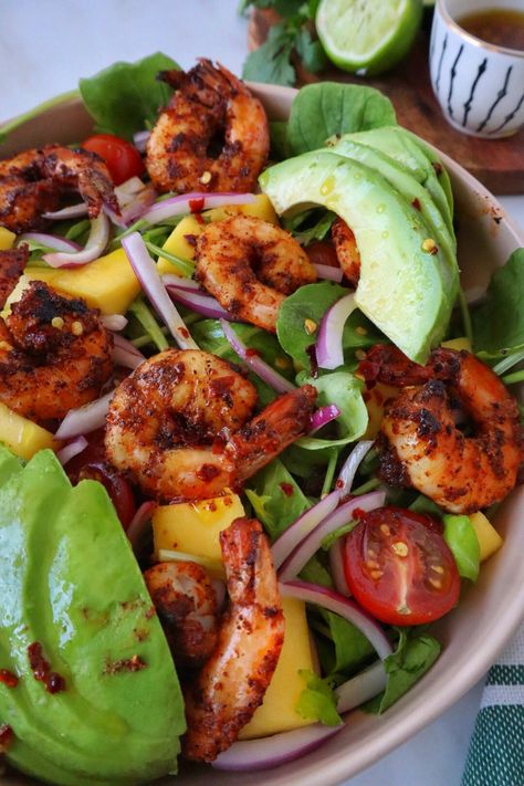 Spicy Shrimp Salad with Honey-Lime Dressing (Paleo) — The Slim Situation Honey Lime Shrimp Salad, Spicy Shrimp Salad Recipes, Spicy Honey Shrimp, Avocado Lime Shrimp Salad, Spicy Grilled Shrimp Salad With Jalapeno Lime Vinaigrette, Avocado Corn Salad With Grilled Shrimp, Shrimp Salads, Spicy Shrimp Salad, Thai Shrimp Salad