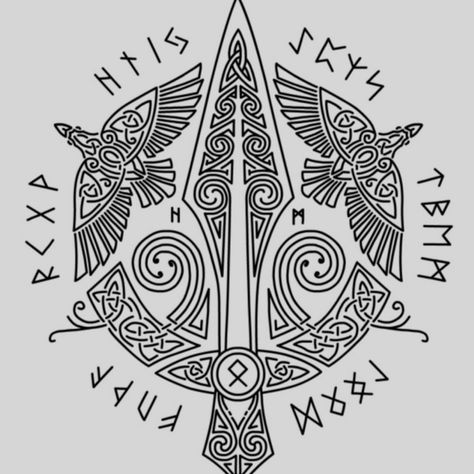 Gungnir Tattoo Design, Euro Tattoo, Knotwork Tattoo, Odin's Ravens Tattoo, Tattoo Odin, Runes Tattoo, Traditional Viking Tattoos, Odin Symbol, Celtic Coloring