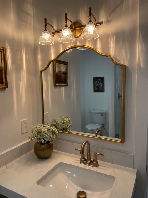 Guest Bathroom inspo Half Bath With Gold Fixtures, Bathroom Remodel One Sink, Half Bathroom Ideas Vintage, Vintage Inspired Small Bathroom, Small Spare Bathroom Ideas, Gold Accented Bathroom, Guest Bathroom With Window, Southern Guest Bathroom, Bathroom Gold Faucet