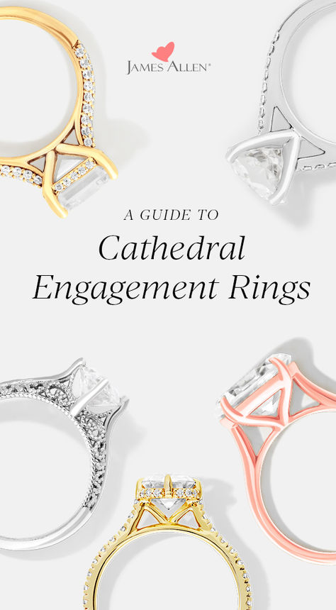 Known for their elegance and timeless appeal, cathedral #engagement rings are named for their design, which mimics the graceful arches of a cathedral.  Today we're breaking down these unique settings, and why they are so special. Tap in below! Cathedral Ring Setting Side View, Cathedral Setting Engagement Ring, James Allen Engagement Rings, Cathedral Ring Setting, Enagement Rings, Ring Symbolism, Cathedral Engagement Ring, Cathedral Ring, Cathedral Engagement Rings