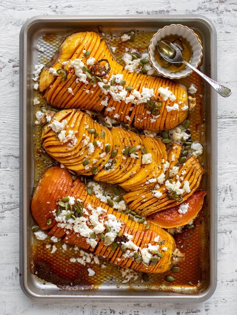 hot honey hasselback butternut squash with feta and pepitas Hasselback Butternut Squash, Pretzel Crusted Chicken, Room For Tuesday, Best Thanksgiving Recipes, Thanksgiving Dinner Recipes, Butternut Squash Recipes, Hot Honey, Roasted Squash, Squash Recipes