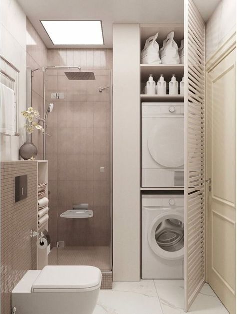 Laundry Bathroom Combo, Small Bathroom Layout, Washroom Design, Small Bathroom Makeover, Bathroom Design Inspiration, Laundry Room Bathroom, Bathroom Design Decor, Bathroom Inspiration Decor, Small Bathroom Design