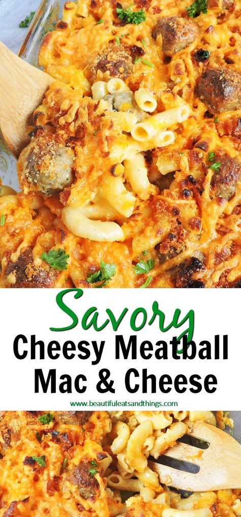 Savory Cheesy Meatball Mac & Cheese - Beautiful Eats & Things Meatballs And Macaroni, Mac And Cheese With Meat Recipe, Mac And Cheese And Meatballs, Cheesy Meatball Bake, Recipes With Homestyle Meatballs, Meatball Mac And Cheese, Mac And Cheese With Meatballs, Mac And Cheese Casserole With Meat, Meatballs And Elbow Macaroni