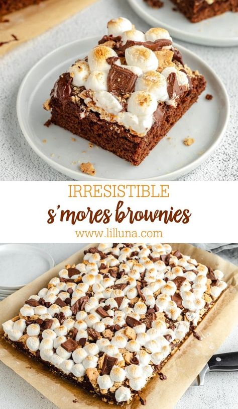 Fudgy S’mores Brownies are the ultimate chocolatey dessert, topped with gooey toasted marshmallows and crunchy graham cracker chunks. #smoresbrownies #smores #brownies #brownierecipes #dessert Brownie Board Ideas, Brownies S’mores, Smore Brownies, Smores Desserts, Homemade Brownie Recipe, Gf Brownies, Smores Brownies, Homemade Brownies Easy, Homemade Brownie